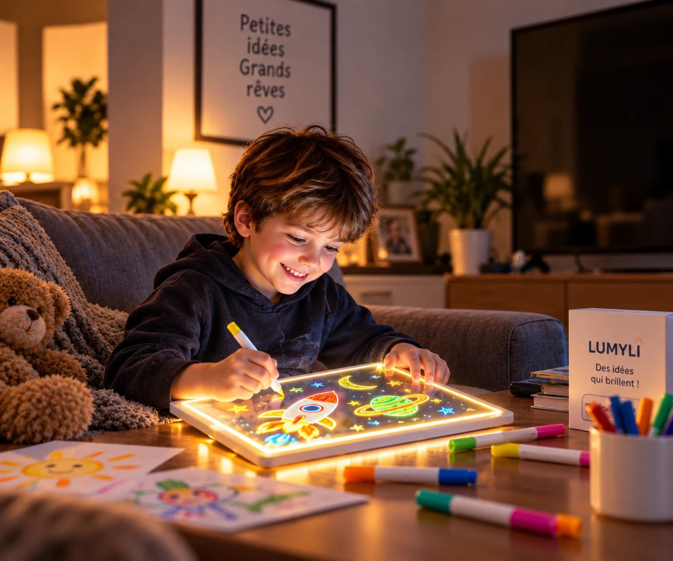 Le même enfant souriant, en train de dessiner une fusée sur sa tablette lumineuse LUMYLI