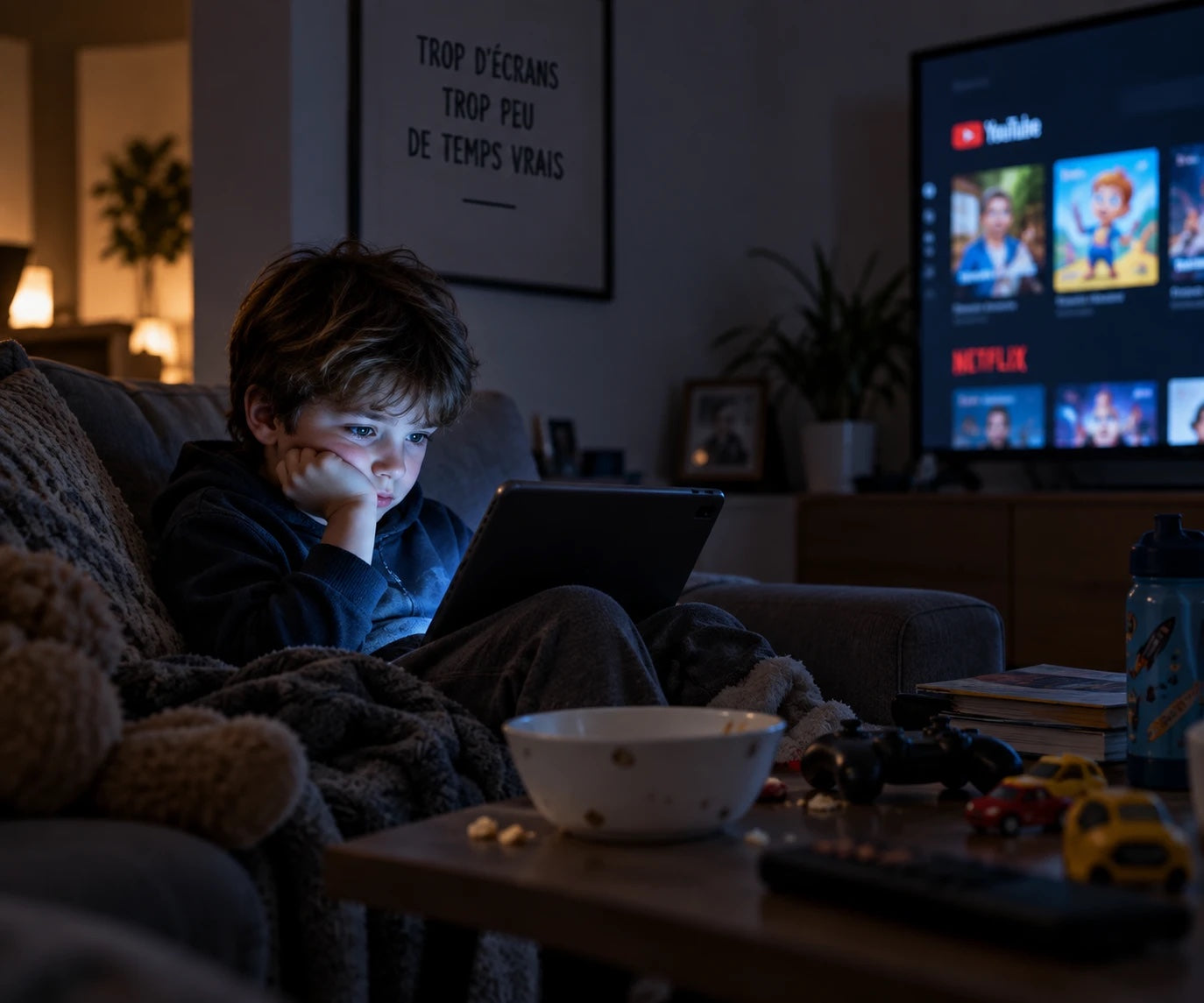 Un enfant affalé dans le canapé, seul devant une tablette, la télévision allumée derrière lui